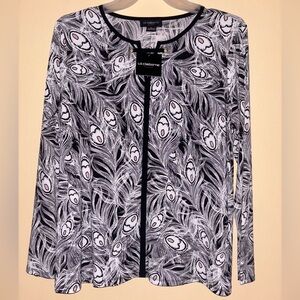 Liz Claiborne Long Sleeve Feather Print Blouse Top Black White NWT Size XL